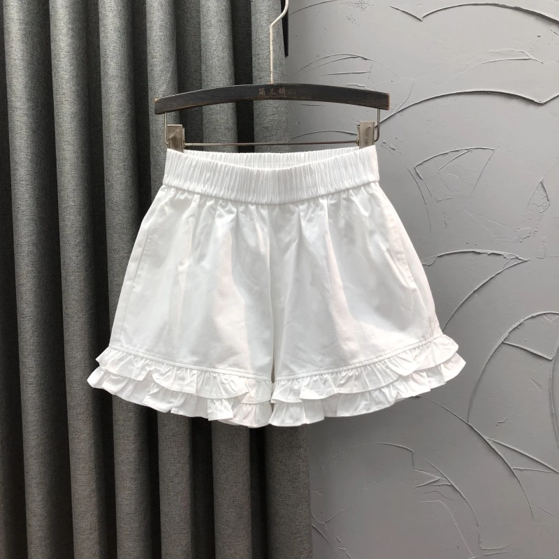 【纯棉】白色韩系甜美风木耳边休闲裤子花苞短裤女夏季A字阔腿热裤