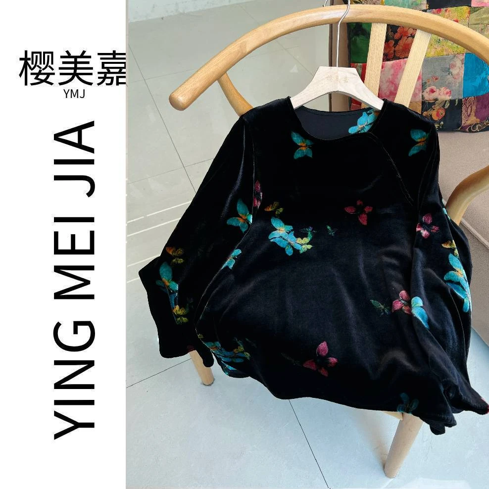 DY3056樱美嘉100桑蚕丝真丝丝绒早秋新款长袖衬衫圆领新中式国风