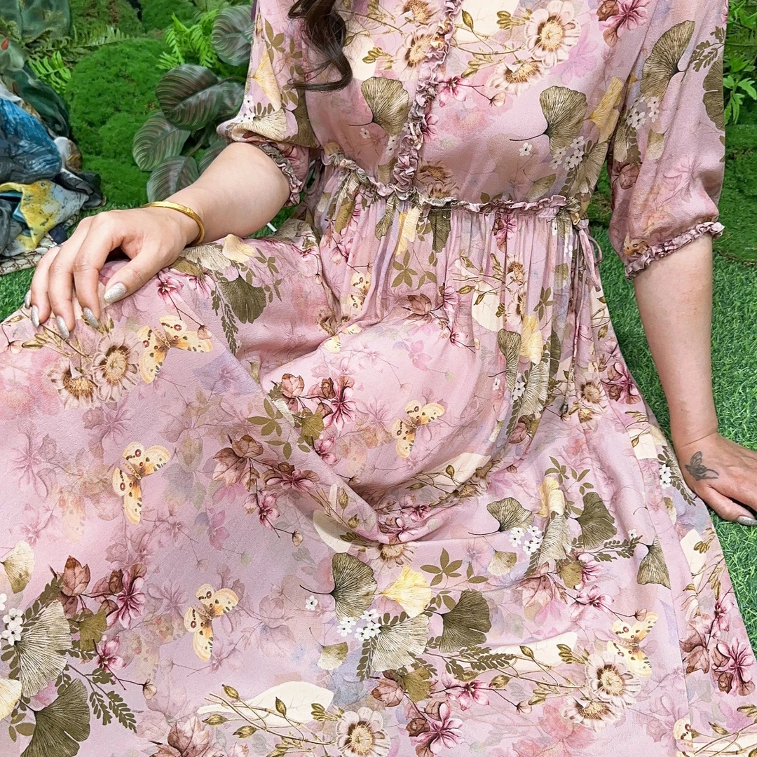 【蔷薇花开】25年新品桑蚕丝夏季碎花气质时尚百搭连衣裙66-25009粉