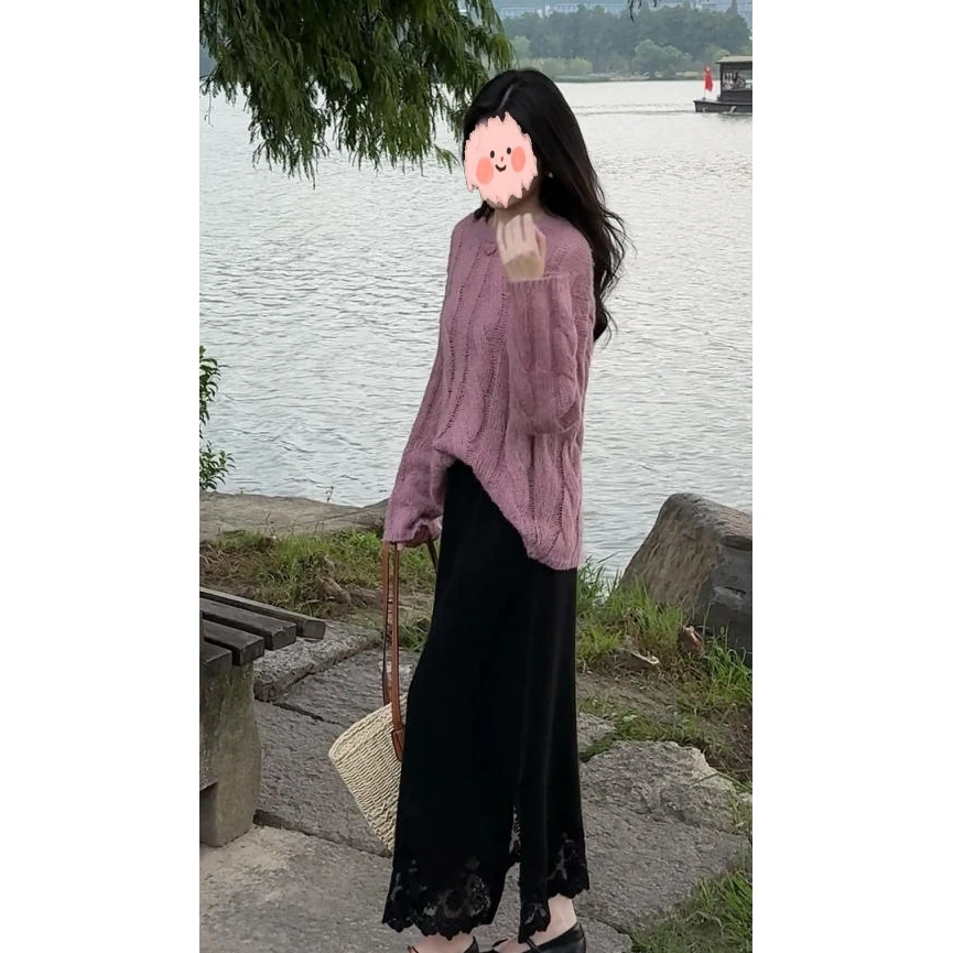 【大只定制】秘密花园 2025年小众秋冬长袖粉紫色圆领套头针织毛衣