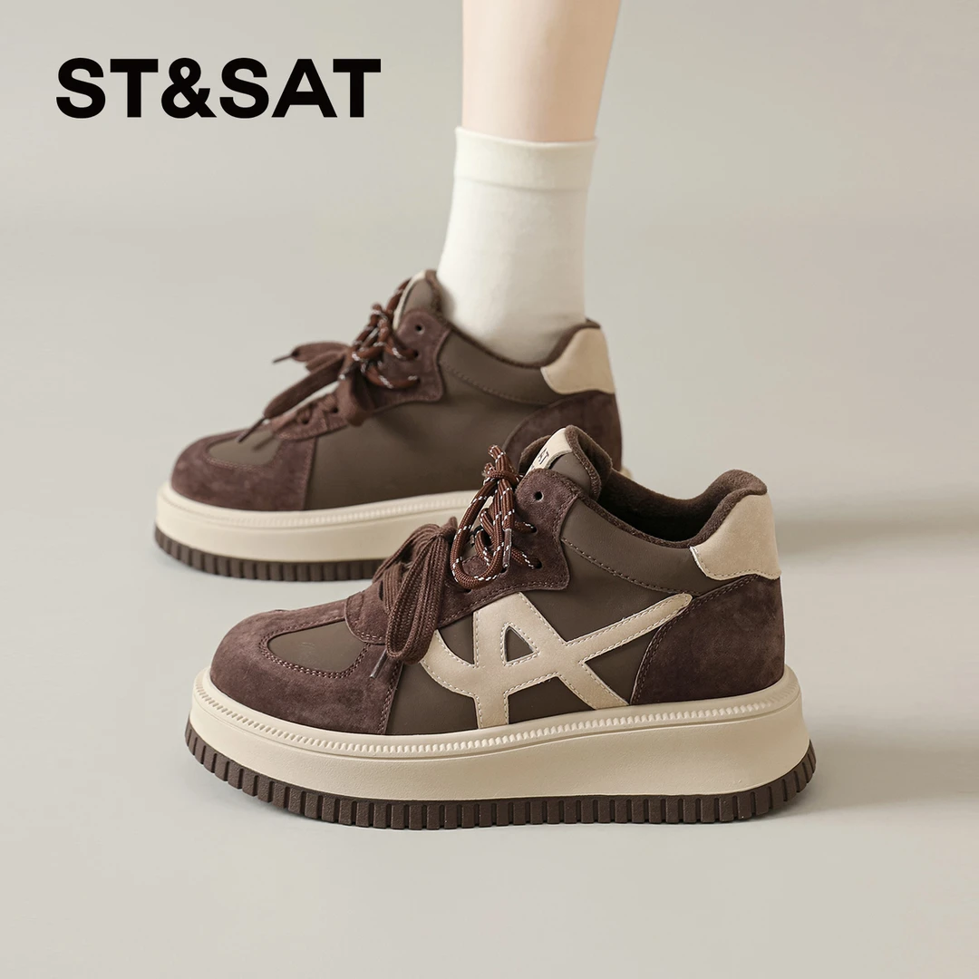 星期六休闲板鞋女士新款冬季休闲阔腿裤必备鞋加绒轻奢中帮运动鞋