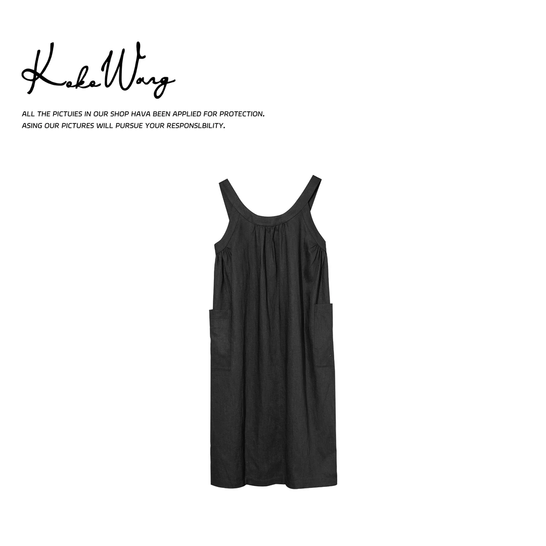 KOKO WANG 原纱染色天丝亚麻山本风度假裙背带连衣裙475705C08Q42