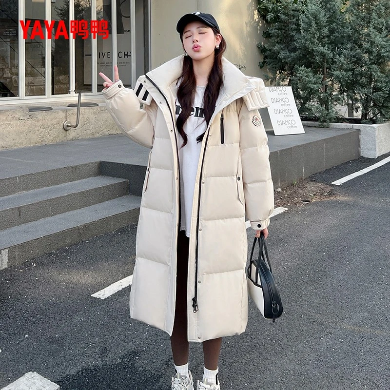 YAYA/鸭鸭长款羽绒服女士2025冬季新款韩版时尚休闲过膝连帽外套