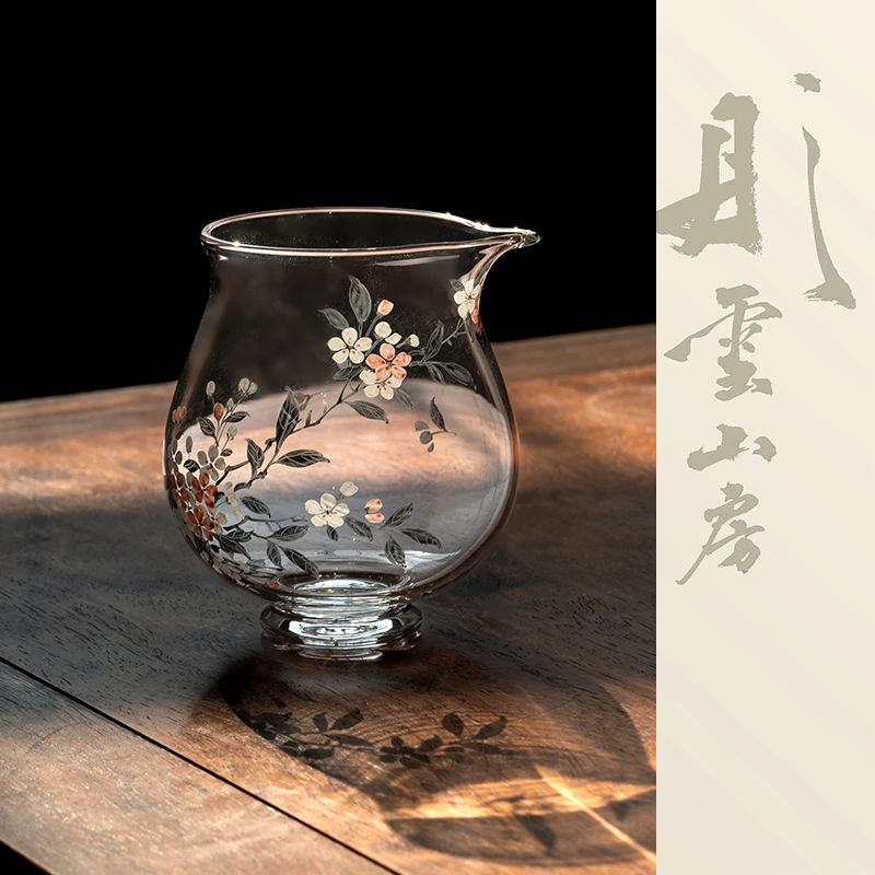 彤云山房玻璃手绘珐琅桃花红心小玲珑公道杯景德镇手工手绘茶具