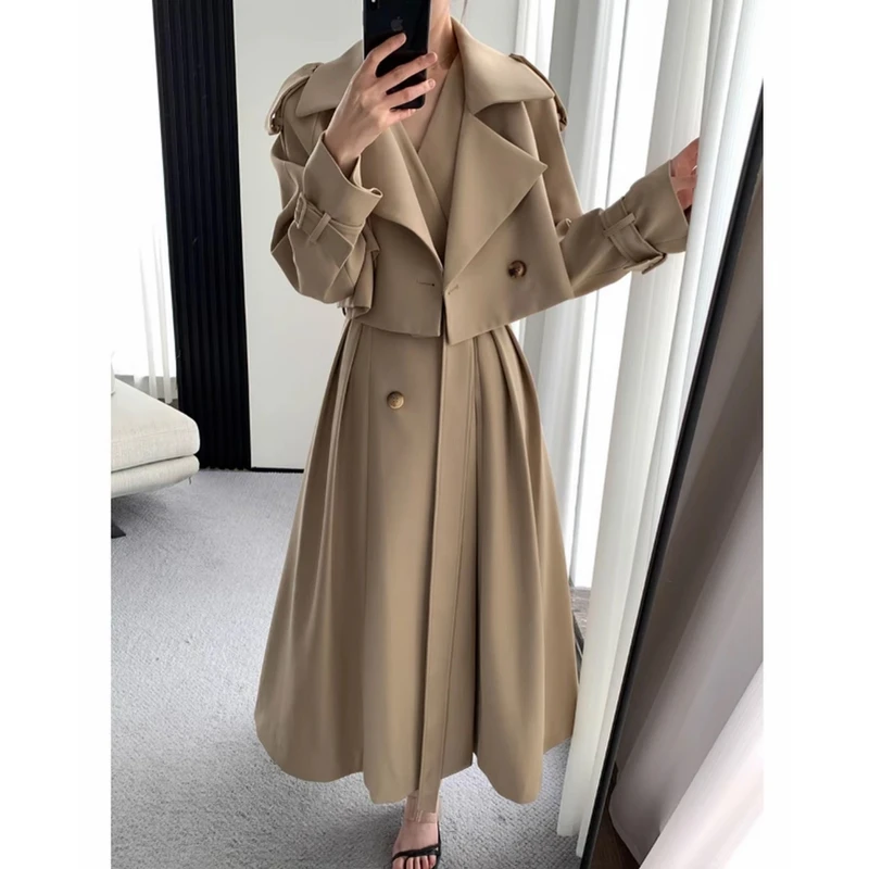 A583 秋装新款短款风衣无袖背心长款连衣裙两件套女有里布