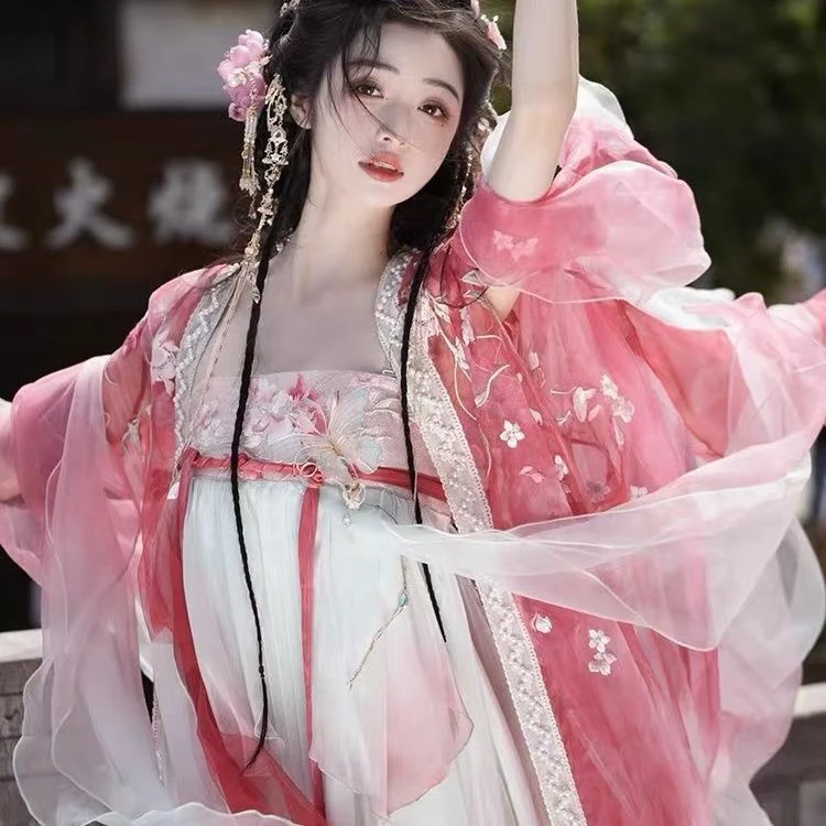 齐胸襦裙刺绣桃花唐制3D效果汉服汉元素飘逸日常仙女裙中国风