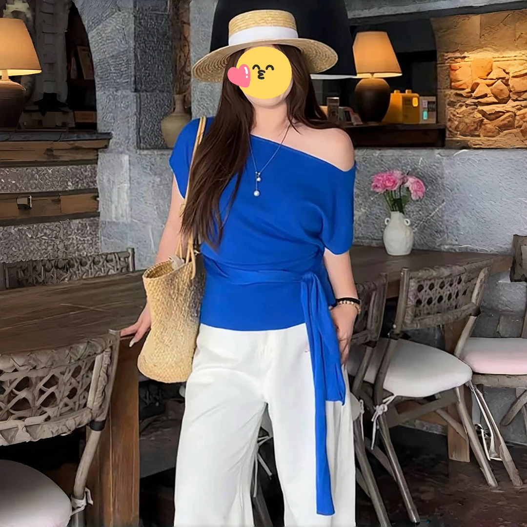 大码女装胖mm韩版不规则斜肩绑带短袖T恤2025夏季气质显瘦上衣