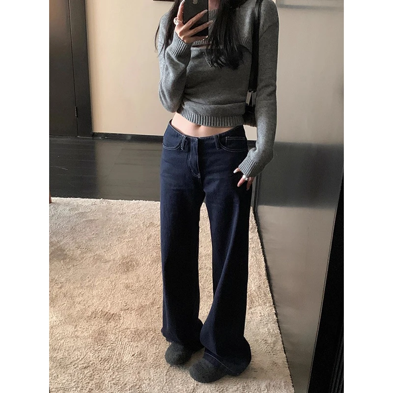 美式无腰头牛仔裤女2025秋季新款宽松阔腿裤复古直筒长裤拖地裤子