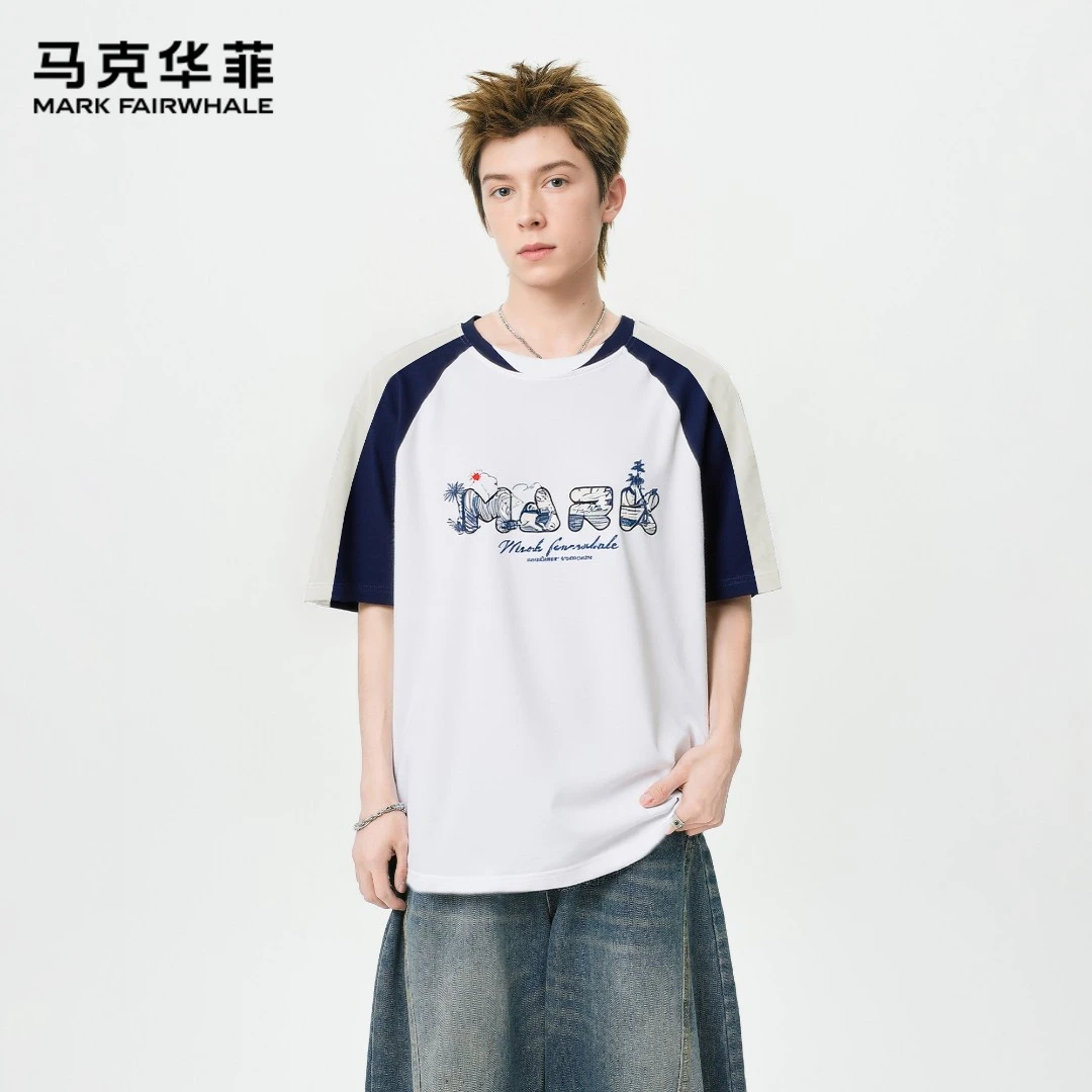 马克华菲夏季新款字母撞色插肩拼接宽松短袖T恤情侣百搭上衣男