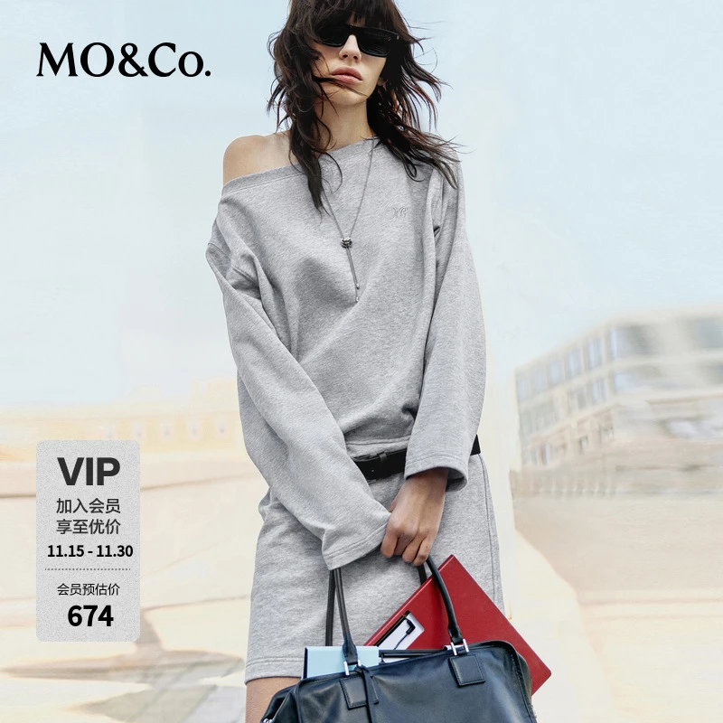 MOCO卫裙2025春新品棉质一字肩露肩灰色连衣裙附腰带MBE1DRST18
