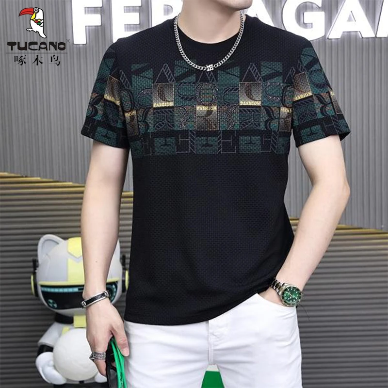 啄木鸟高品质男士时尚夏季潮流修身速干短袖t恤男冰丝男士上衣