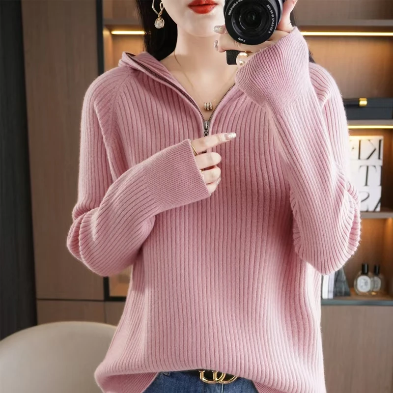 连帽套头毛衣女秋冬加厚拉链针织衫宽松长袖卫衣内搭帽衫外穿毛衣