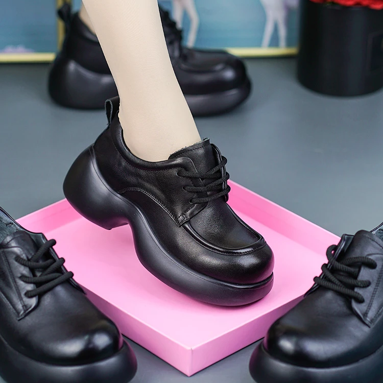 1522秋季新款真皮简约增高女鞋头层牛皮圆头松糕厚底系带休闲单鞋