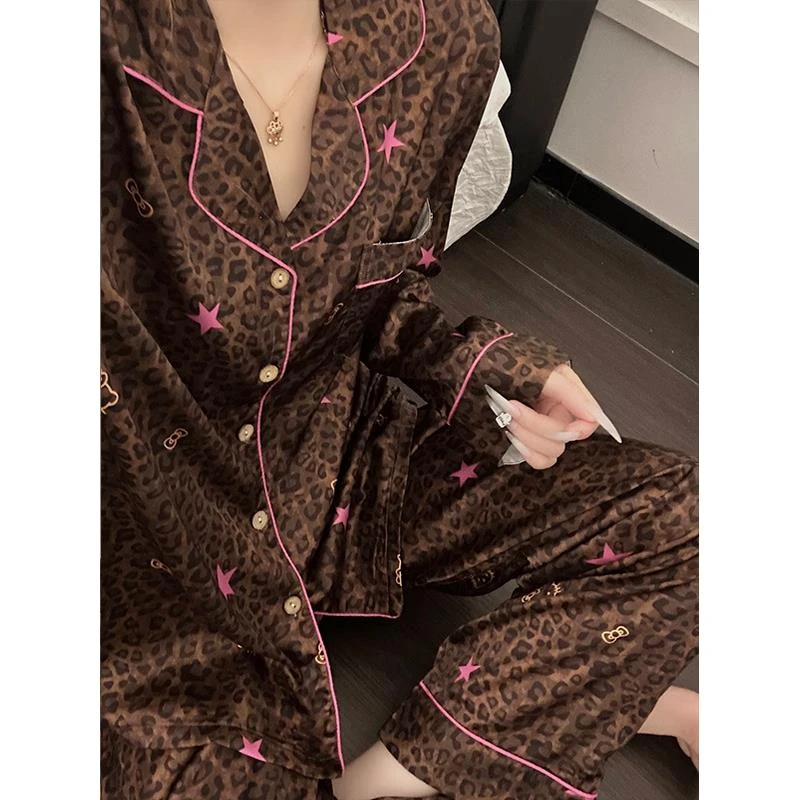 SUAMRUO加厚新款慵懒风豹纹睡衣女秋冬长袖长裤家居服大码套装