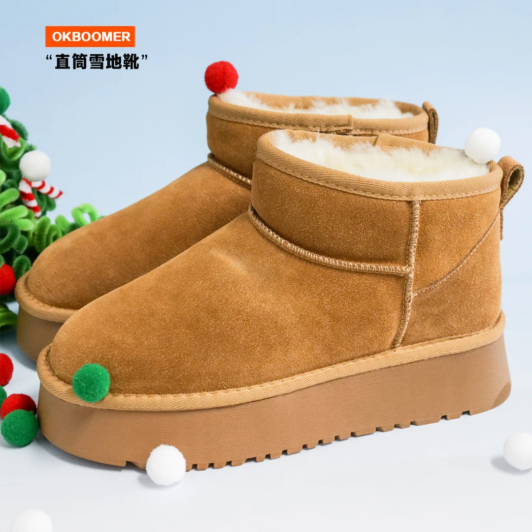 OKBOOMER直筒雪地靴2025时尚女冬季外穿真皮加绒加厚保暖棉鞋短靴