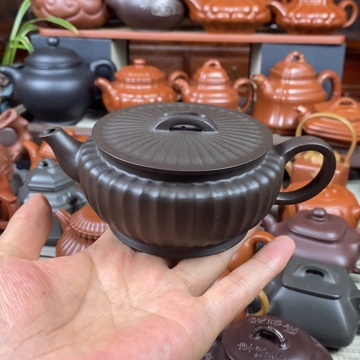 紫砂茶壶筋纹汉瓦260cc原生矿黑料特价