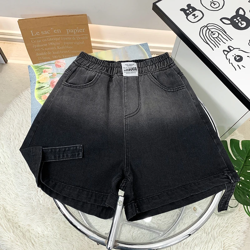 胖mm大码黑灰色松紧腰牛仔短裤女阔腿A字夏款热裤外穿高腰不卡裆