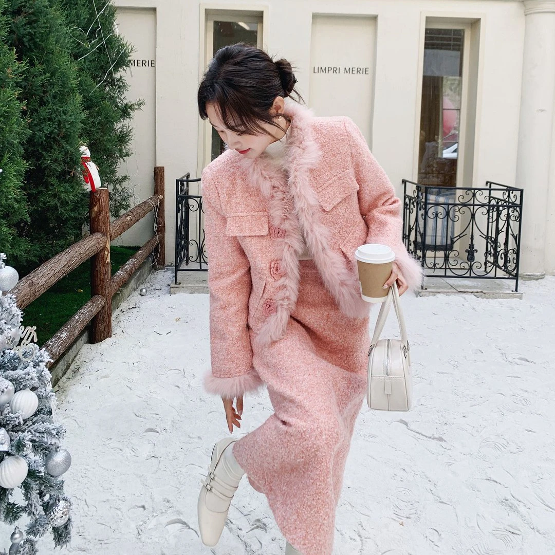 粉色小香风毛绒拼接羽绒服半身裙套装女冬季2025新款超好看两件套