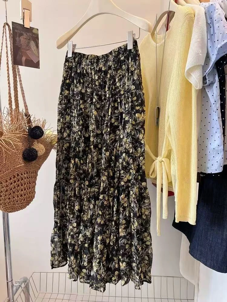 /黄玫瑰/松紧高腰垂感显瘦肌理褶皱雪纺半身裙女 JC12