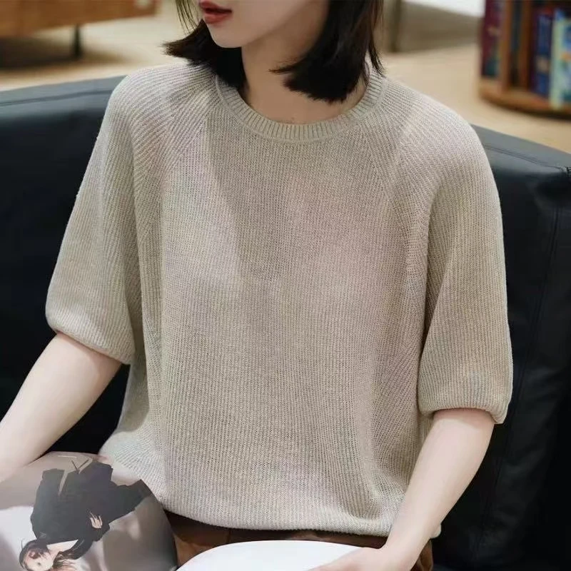 小禾同款亚麻+桑蚕丝圆领针织中袖
