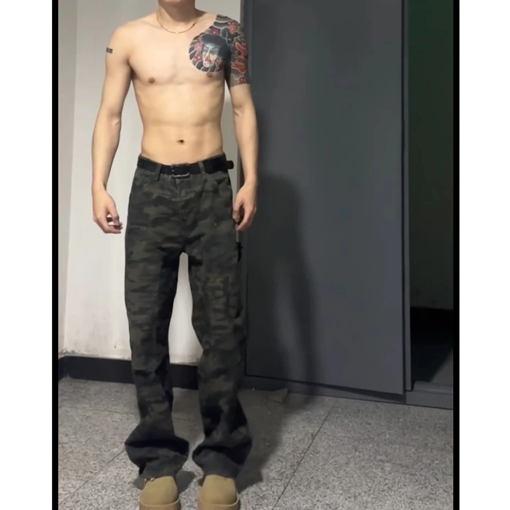 高街迷彩工装牛仔裤男2025春夏新款美式复古阔腿宽松显瘦直筒裤潮
