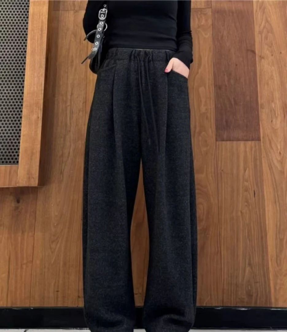 慵懒风云朵绒阔脚裤加绒加厚女秋冬新款宽松显瘦韩版高腰弯刀裤