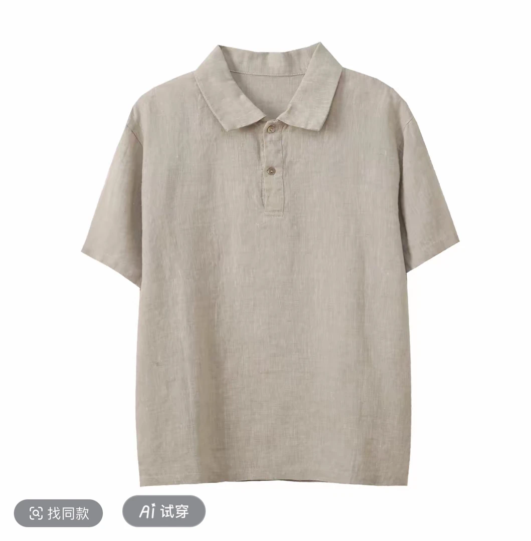 全亚麻短袖商务休闲夏季宽松拉链Polo衫复古翻领tenniscore