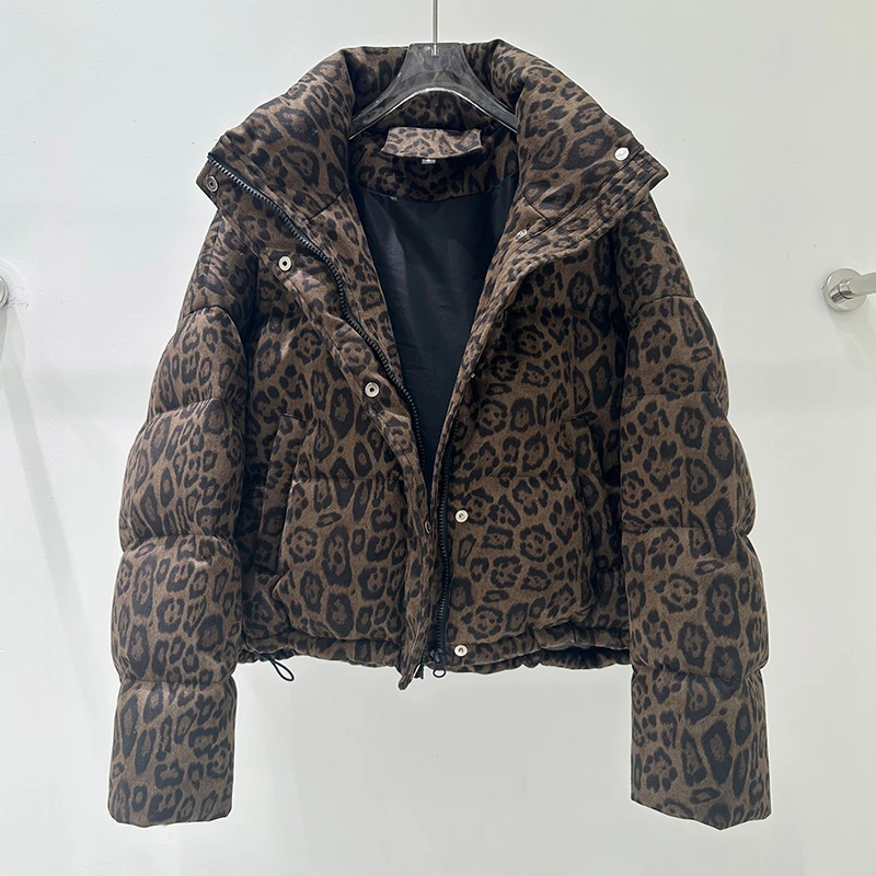 个性炸街豹纹羽绒服女款短款小个子冬季外套2025年新款立领面包服