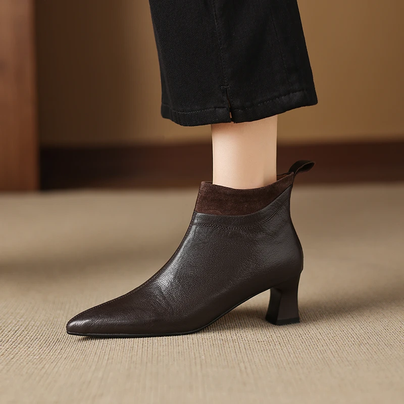 超软羊皮/5公分 尖头粗跟真皮短靴女 软底舒适上班工作高跟靴子