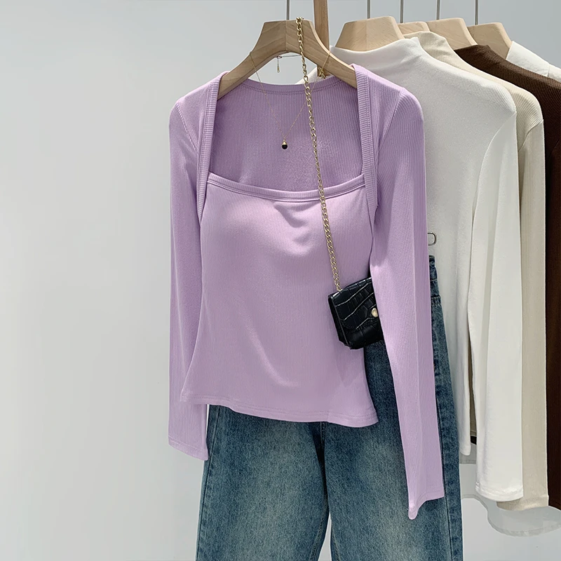 【部分现】罗纹绒带胸垫长袖打底衫法式修身气质锁骨上衣T恤240605