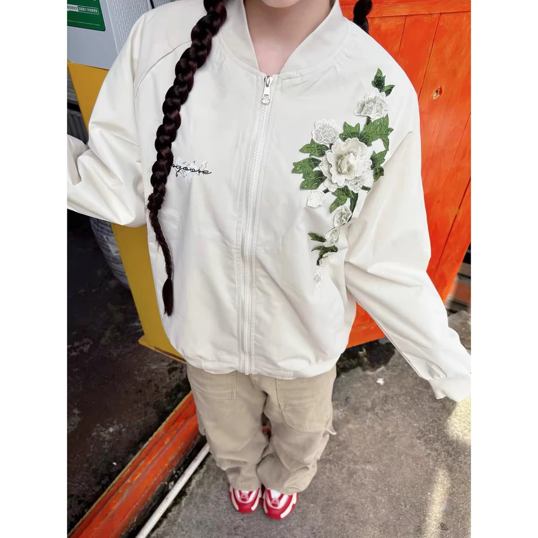 美式高街花卉刺绣开衫外套女春秋宽松潮牌设计感小众情侣上衣夹克