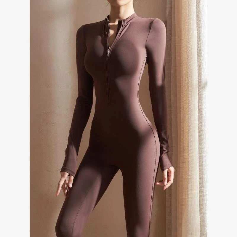 连体健身服拉链长袖感瑜伽服连体衣运动健身训练舞蹈紧身连体裤女