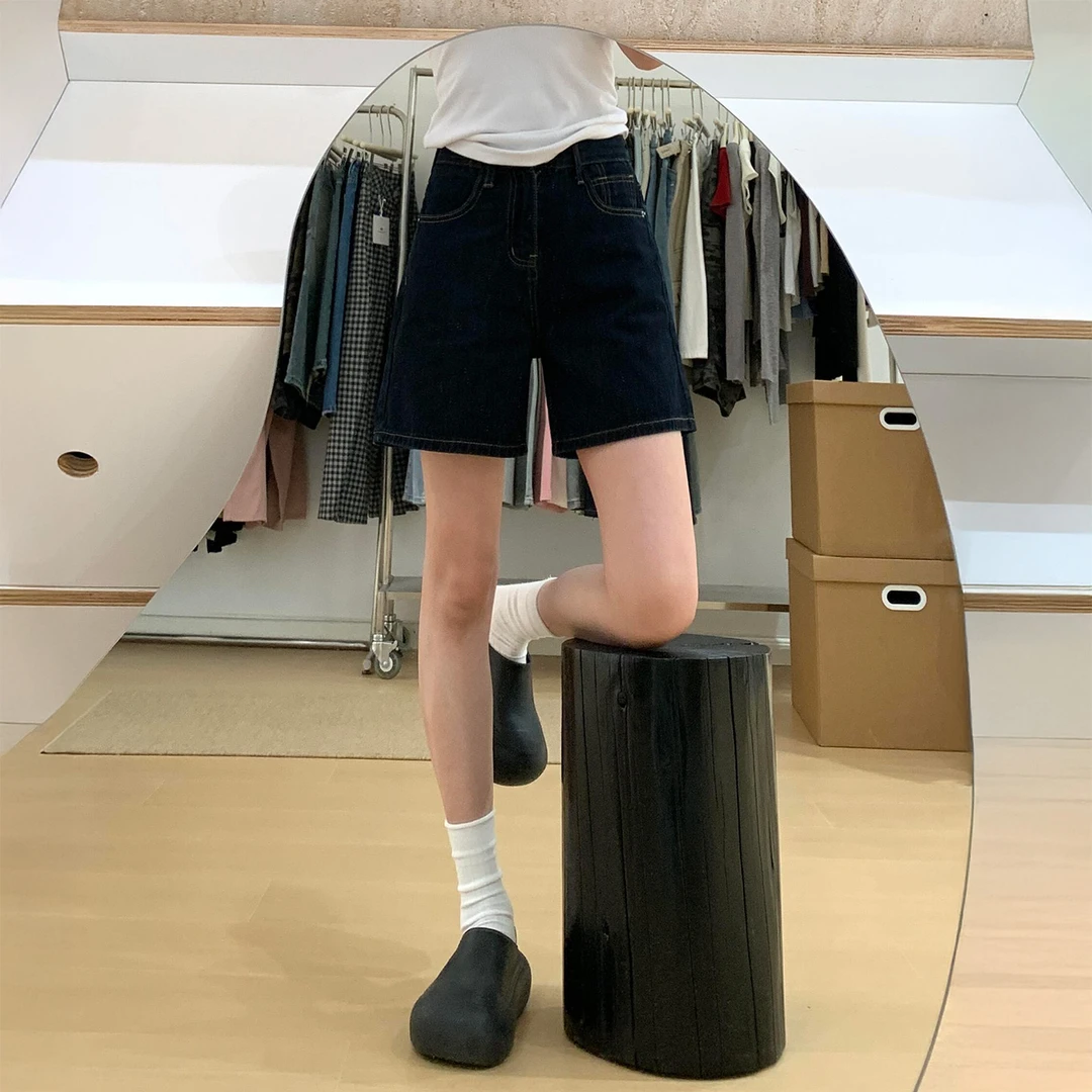 梨型身材深蓝色牛仔短裤女夏季新款胖妹妹mm高腰显瘦a字阔腿热裤