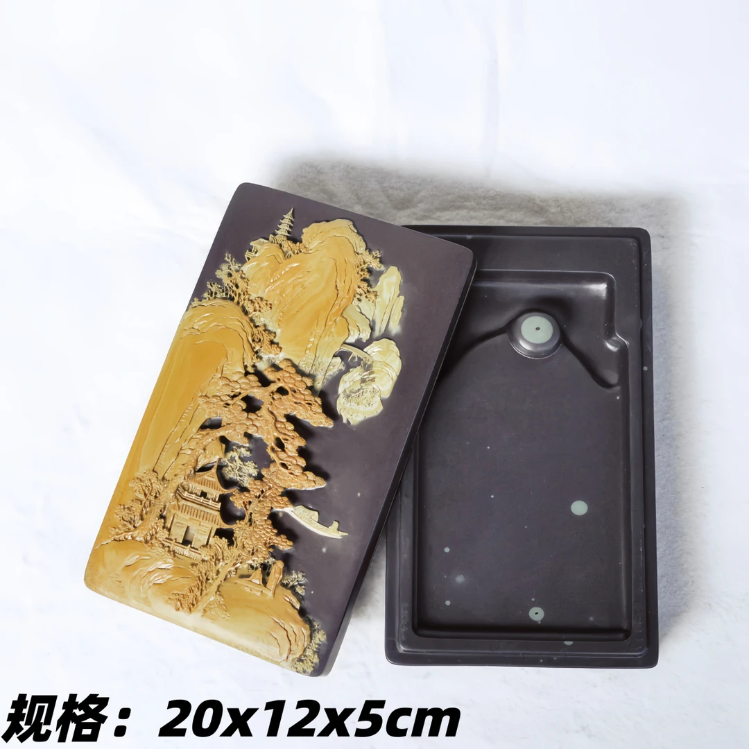 攀枝花苴却砚手工雕刻 松下抚琴图 收藏级老坑金黄膘文房雅器