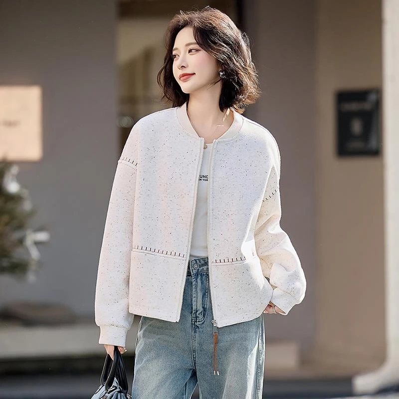 杜拉妮白色休闲秋短外套女春秋季2025新款宽松圆领简约棒球服夹克