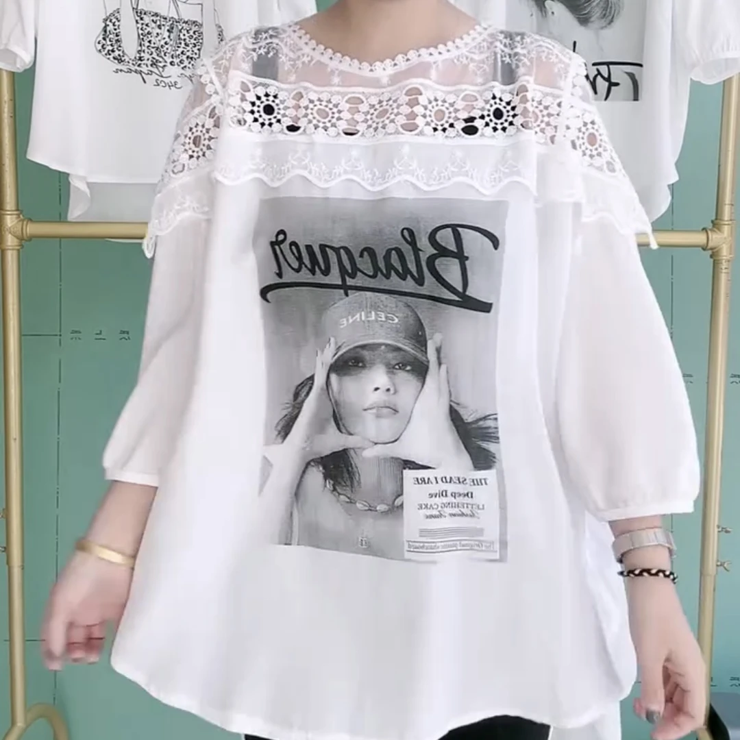 短袖印花人物透气蕾丝中长款T恤韩版宽松显瘦白色拼接夏季