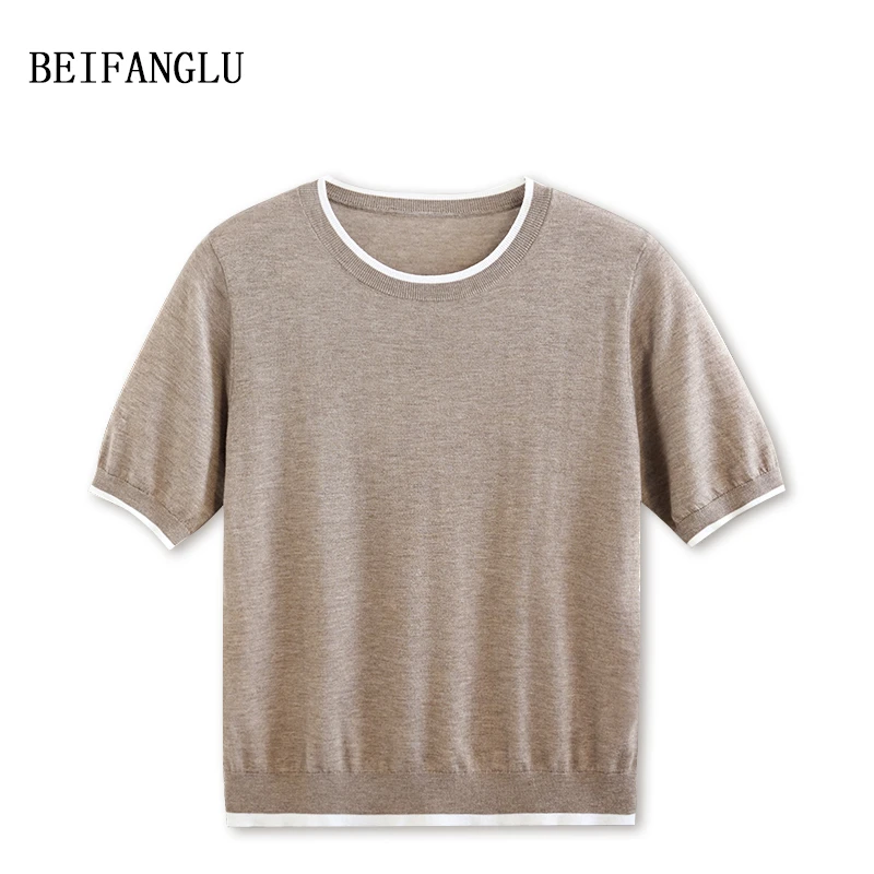 北方鹿 高级感老钱风！天丝三醋酯羊绒拼色假两件针织薄短袖女6658