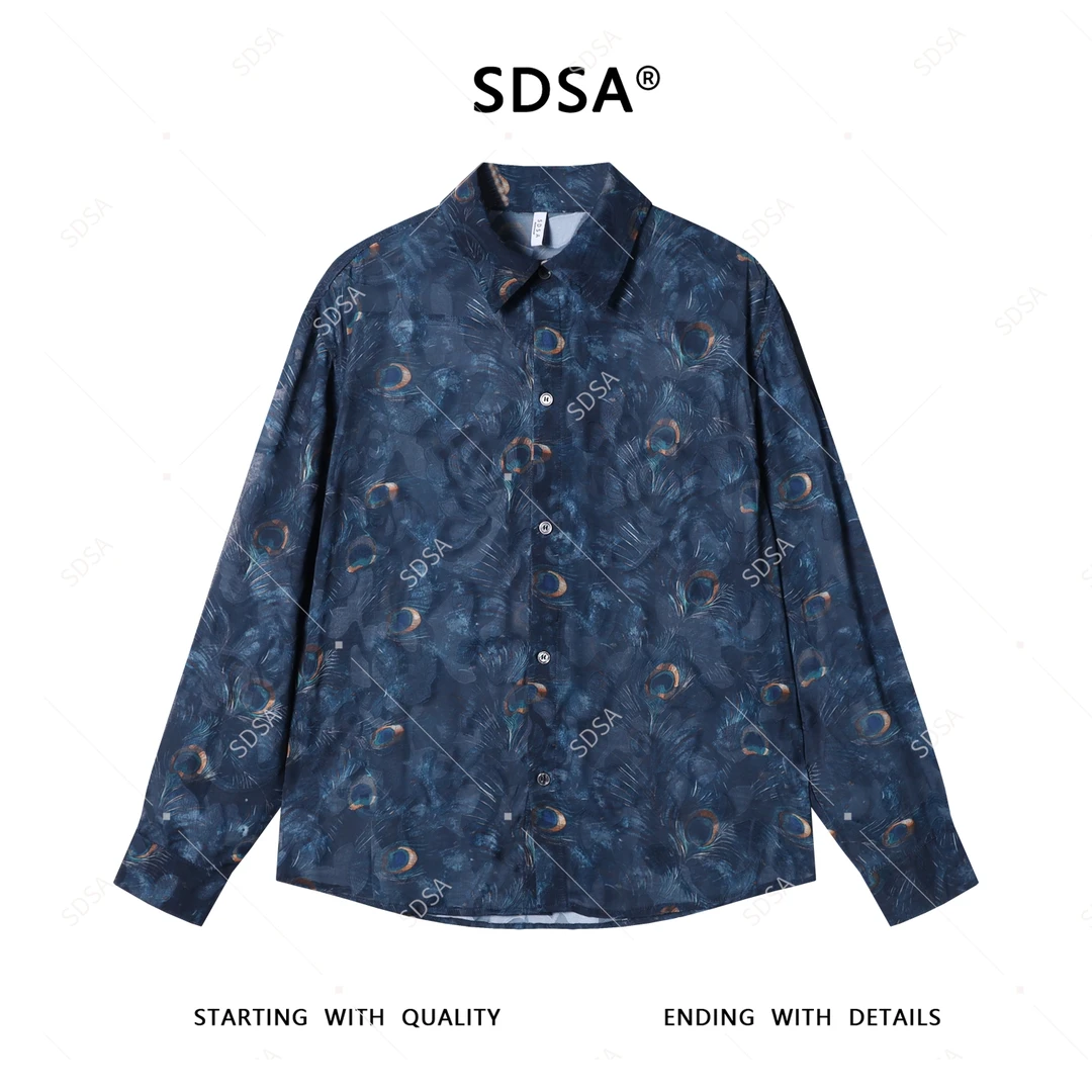 SDSA男士2025新款轻奢痞帅男装撞色羽毛纽扣长袖衬衫简约百搭复古