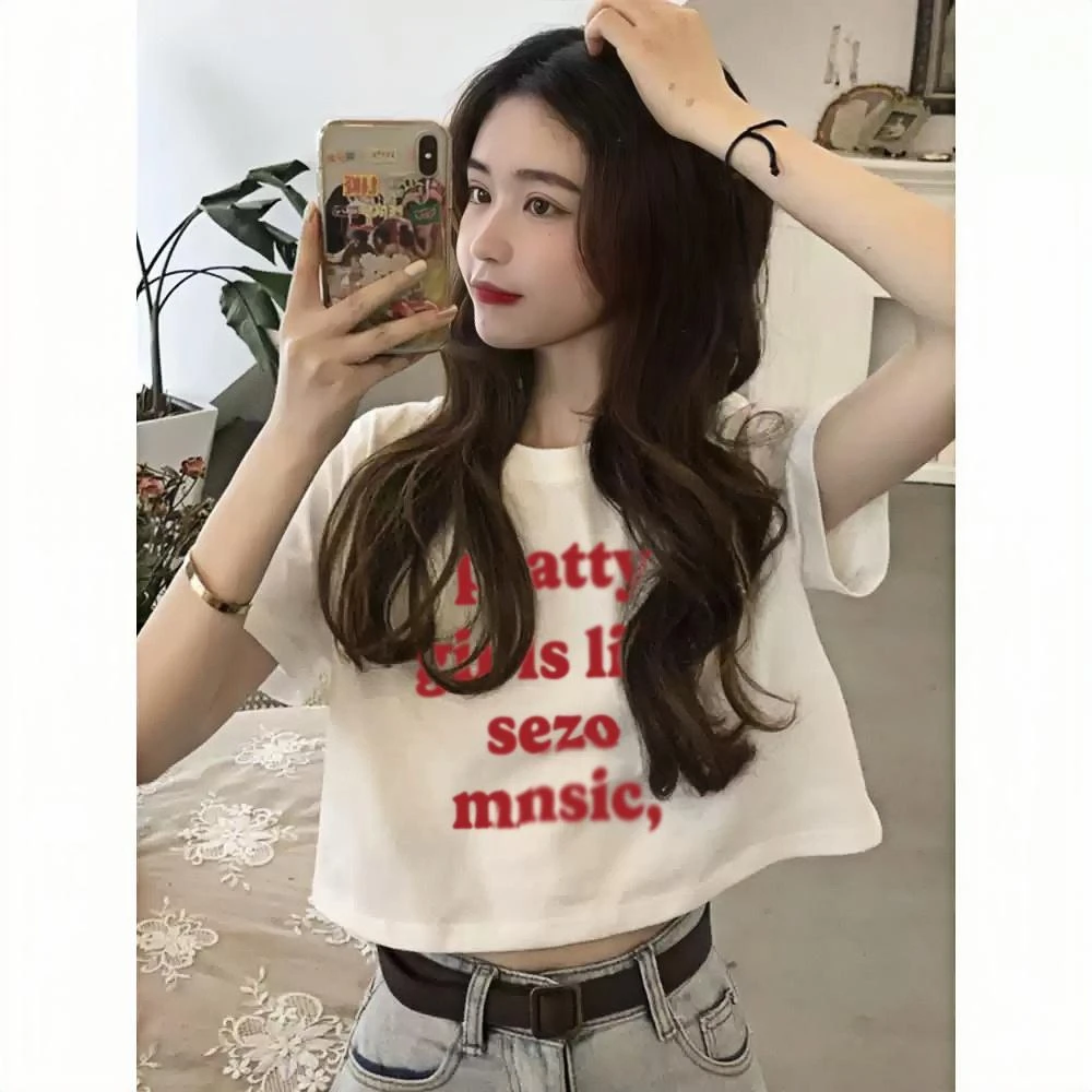 春夏新款正肩t恤黑色显瘦短款短袖女2025韩版ins辣妹体恤半袖上衣