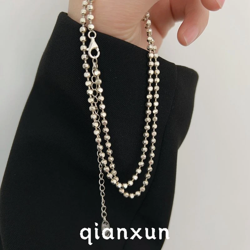 坠链均925银 ins风时尚简约百搭多棱圆珠车花拼接素链项链X034