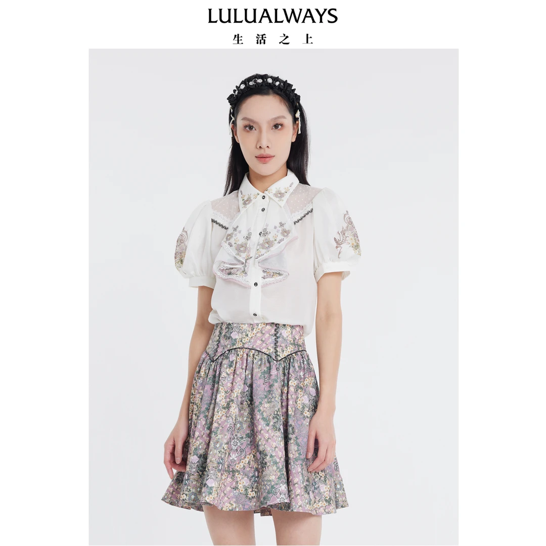 LULUALWAYS法式白色印花清新花边短袖衬衫