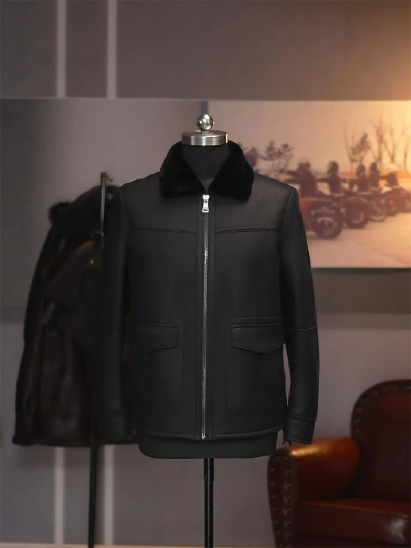 黑2807土耳其美利奴皮毛一体高端休闲商务男士外套真皮保暖中老年