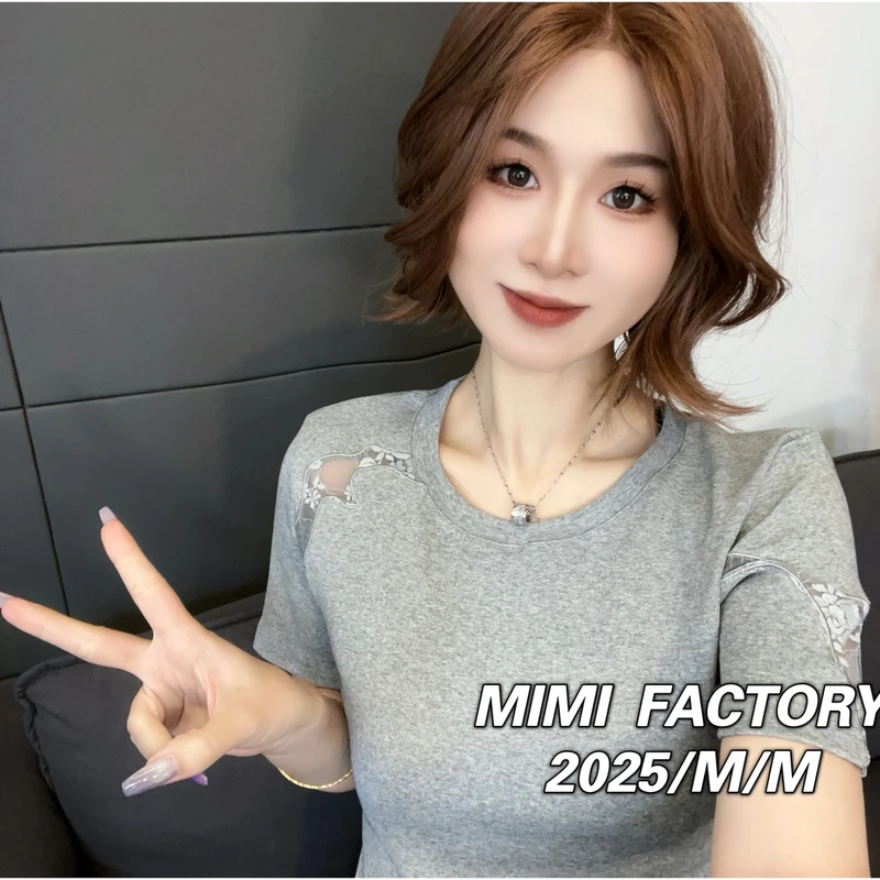 2025新款蕾丝镂空设计短袖T恤女夏季修身显瘦芭蕾风短款上衣