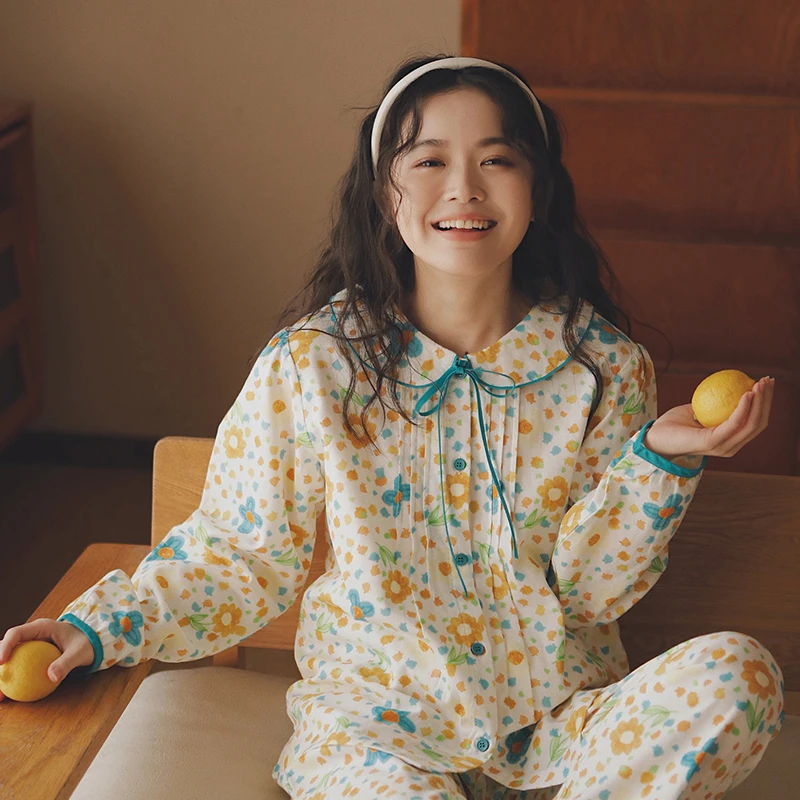 【段姐家居服】全棉纱布长袖长裤女款娃娃领向日葵印花睡衣套装春夏