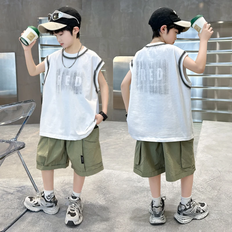 男童夏装套装无袖背心两件套2025新款中大童夏季薄款运动儿童服装