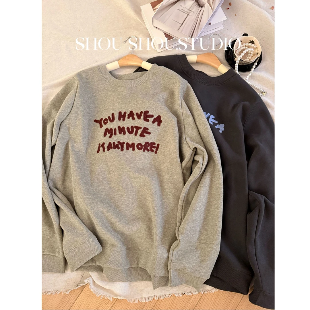 【瘦瘦】大码圆领加绒字母刺绣百搭休闲宽松卫衣S02379