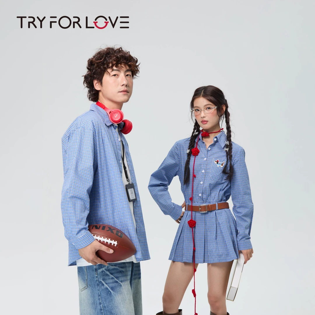 TRYFORLOVE早秋新款长袖格子情侣装刺绣POLO领不起球衬衫连衣裙女
