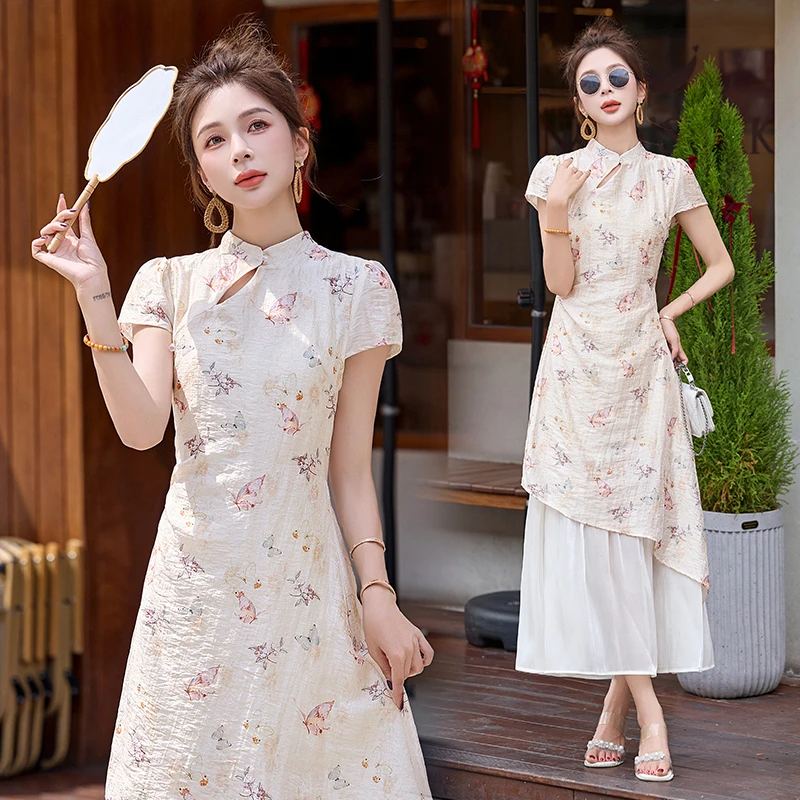 新中式盘扣改良旗袍连衣裙女2025夏季新款高级感显瘦印花修身裙子