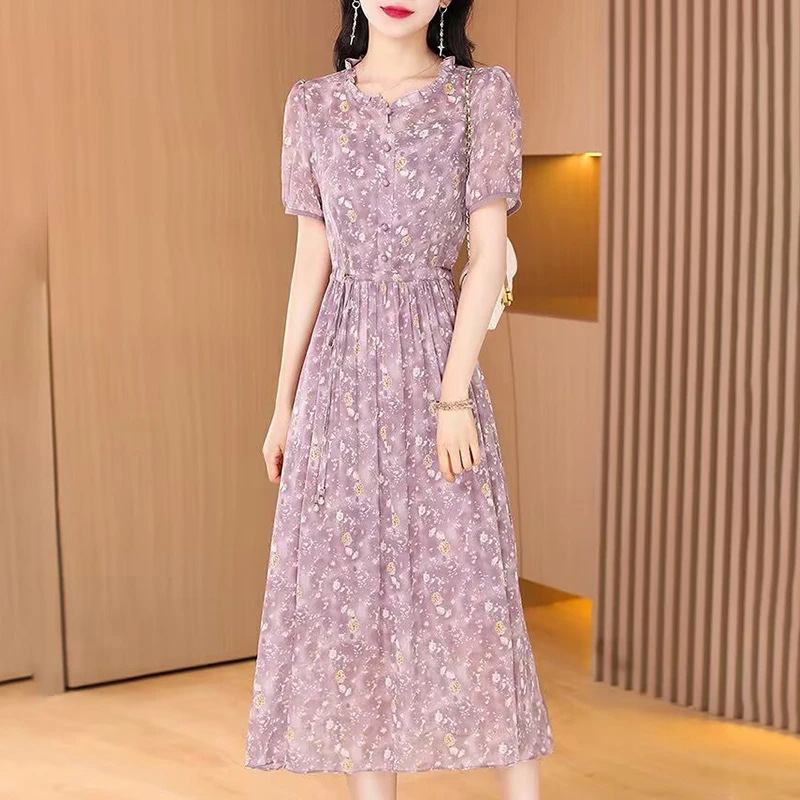 雪纺碎花连衣裙女士2025新款夏季小个子中年妈妈洋气减龄超火裙子