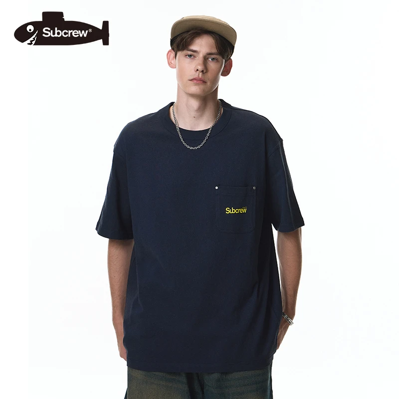 Subcrew棉麻印花撞钉口袋圆领短袖T恤美式街头纯色半袖休闲上衣
